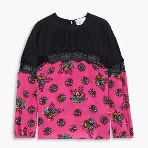 Red Valentino Lace-trimmed floral-print silk crepe de chine blouse, Size 38